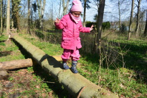 Kind beim Balancieren über einen Baumstamm